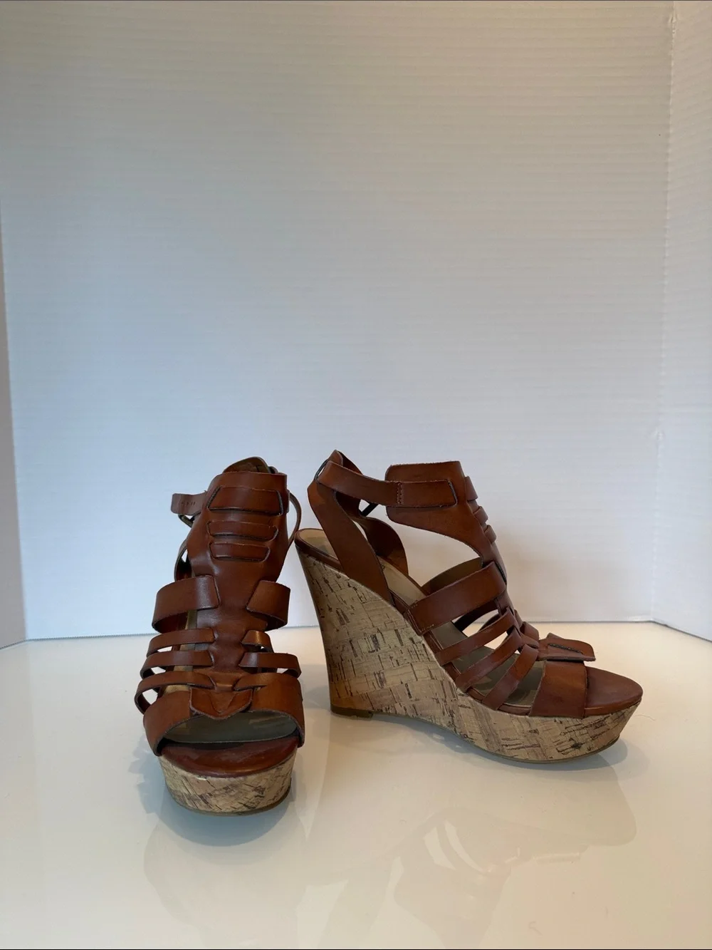 G by Guess Brown Strappy Cork Wedge Sandals with Ankle Buckle